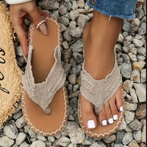 Tan Sandals with Woven Strap and Flat Sole